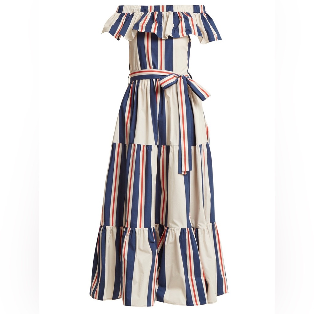 LA DOUBLEJ BLUE YACHT OFF-THE-SHOULDER TIERED DRESS